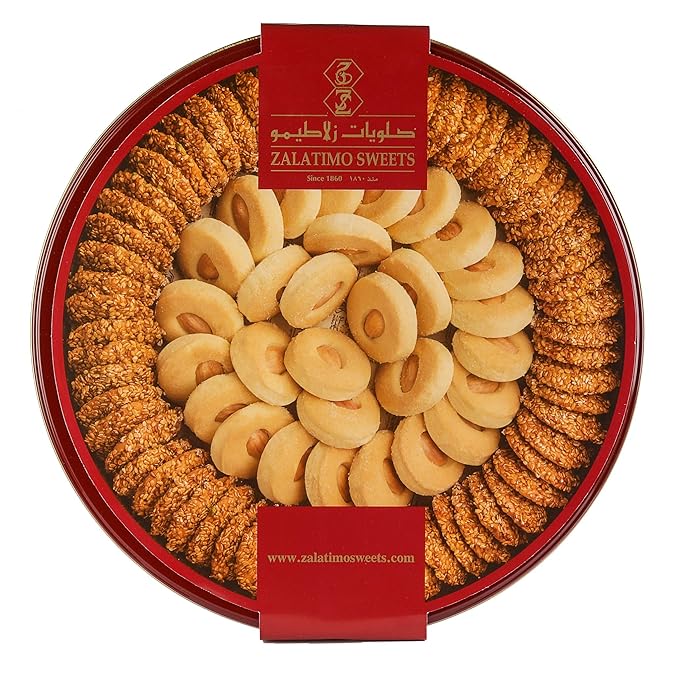 Zalatimo Sweets Since 1860, 100% All-Natural Sesame & Butter Shortbread Cookies, Round Gift Tin