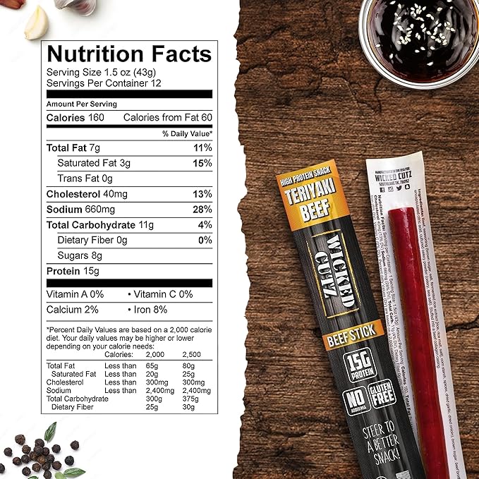 Wicked Cutz Teriyaki Beef Sticks, 15g Protein Per Beef Stick, Tender & Juicy Extra Large Meat