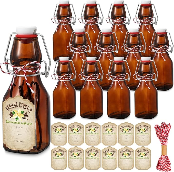 Uiifan 12 Pcs 4 oz Amber Swing Top brown Square Glass Bottles for Vanilla Extract with Caps and
