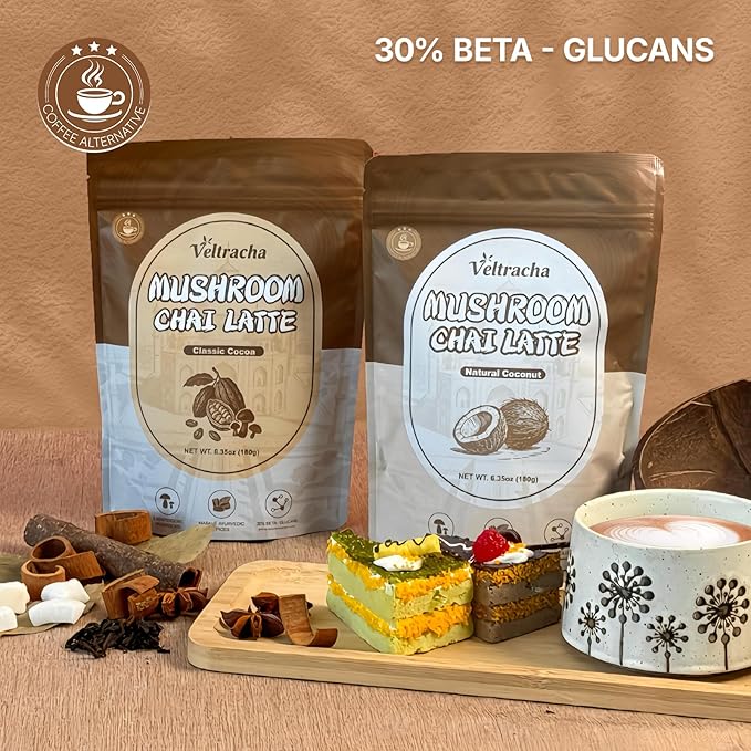 Veltracha Mushroom Chai Tea, Instant Chai Tea Powder with 6 Adaptogenic Mushrooms, Spiced Chai
