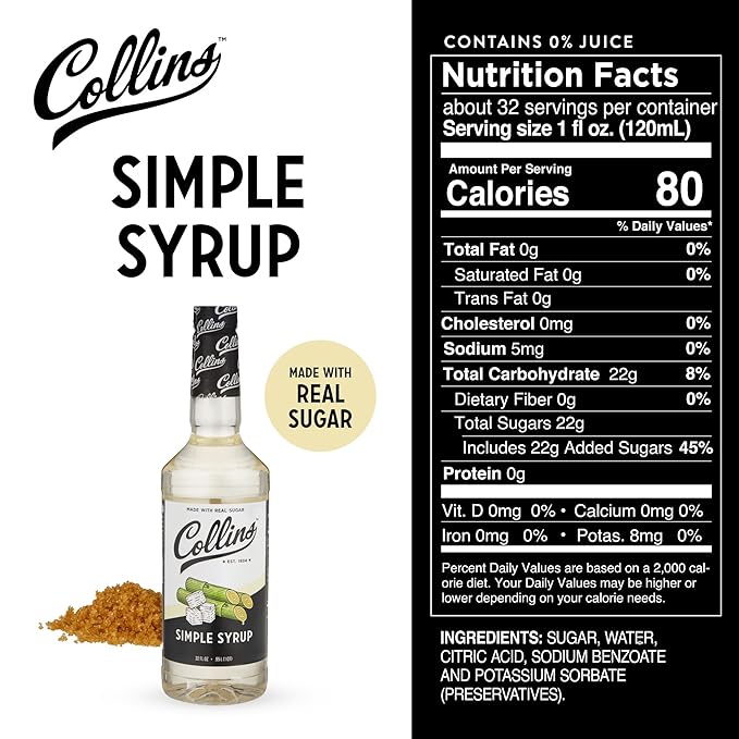 Collins Simple Syrup, Classic Simple Syrup, Real Sugar Cocktail Syrups, Soda Water Flavors