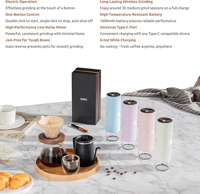 Portable Electric Coffee Grinder, Rechargeable Handheld Grinder with Stainless Steel Conical Burr