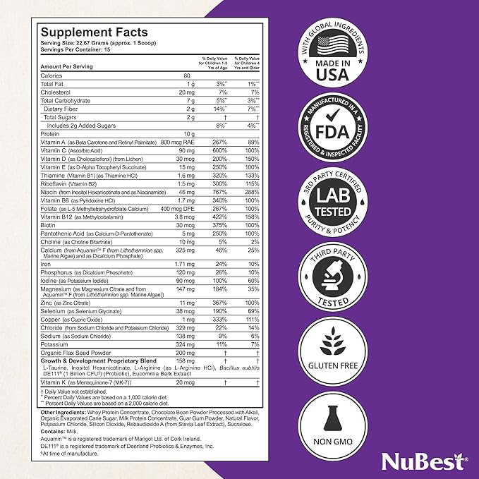 NuBest Tall Protein Powder for Kids & Teens - Chocolate Protein Powder Shake - Protein Drink with
