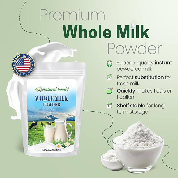 Z Natural Foods Premium Whole Milk Powder - Powdered Milk for Baking, Cooking, Drinks - Dry Milk