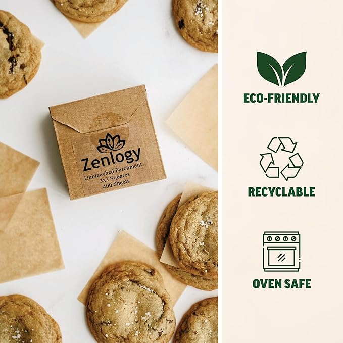 Zenlogy 3x3 Small Parchment Paper Squares (400 sheets) - Unbleached, Non-stick, Pre-cut Mini