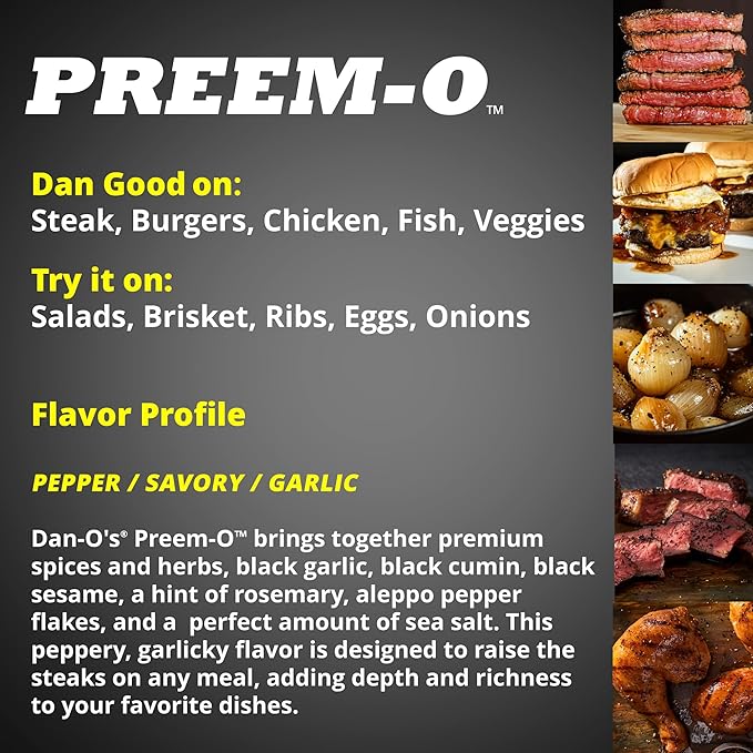 Dan-O's Preem-O Seasoning, 2.5 oz Bottle, Meat Seasoning for Steak, Ribs, Chicken, Brisket and