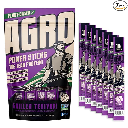 AGRO POWER Vegan Jerky Sticks ??Grilled Teriyaki Flavor ??7-Stick Bag of Plant-Based Jerky with 10g