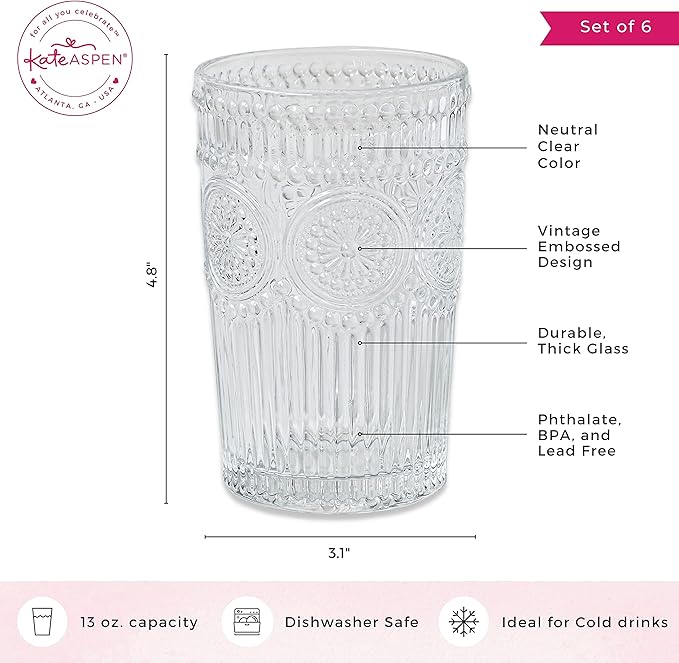 Kate Aspen Vintage Textured Clear Striped Drinking Glasses Set of 6, (13 oz) Ribbed Glassware Set