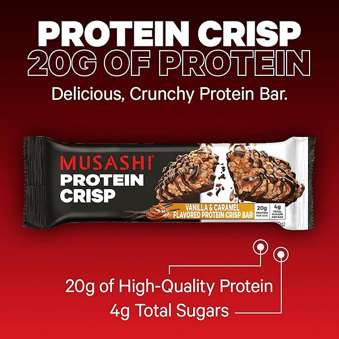 MUSASHI Protein Crisp Bar, 20g Protein, 4g Total Sugars, Vanilla & Caramel, Post Workout and Snack