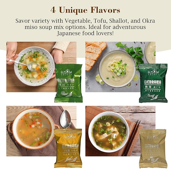 Fusion Select Freeze Dried Miso Soup Packets - Variety Pack with 4 Flavors - Vegetable, Shallot