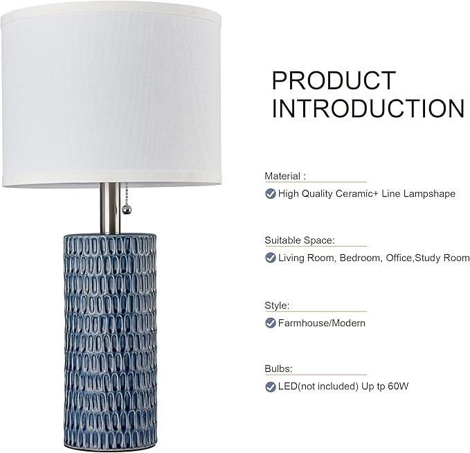 Table Lamps for Living Room Set of 2, Ceramic Table Lamps for Bedroom, 20" Modern Lamps for Night