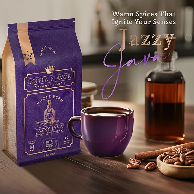 Jazzy Java ??Spiced & Nutty Flavored Whole Bean Coffee ??Organic, Medium Roast, 100% Arabica