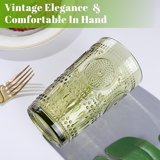 Joeyan Green Vintage Drinking Glasses,Embossed Boho Sunflower Highball Water Glass Tumbler,14 oz