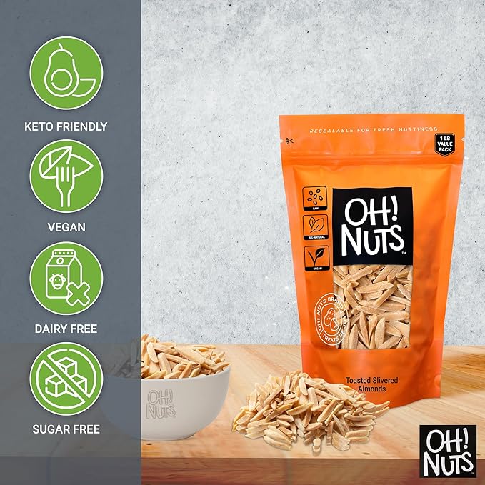 Oh! Nuts Almonds Toasted Slivered - Raw - 100% Natural - 1 lb - High-Protein Almonds - Packed in