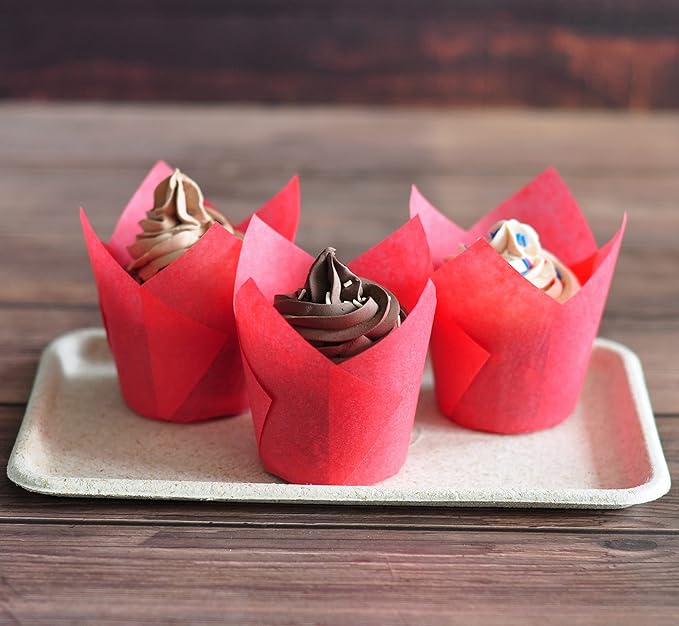 Red colour Large size Tulip Baking Cups 2-1/4"(Base diameter) x 4"(Wall height) Greaseproof paper