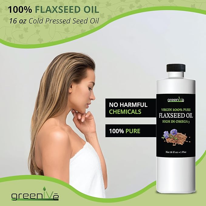 GreenIVe Flax Seed Oil Organically Grown100% Pure Cold Pressed High Vegan Omega Fatty Acids (16 Fl
