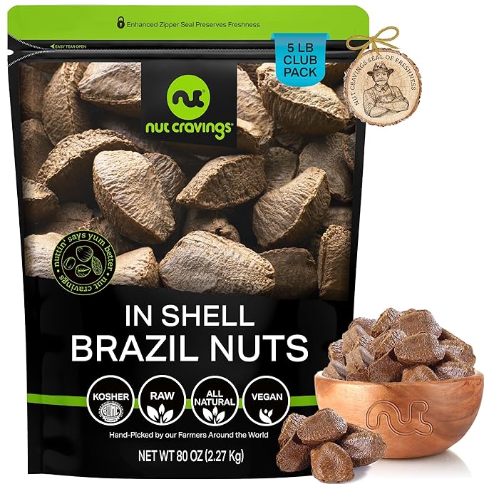 NUT CRAVINGS - Raw Brazil Nuts In Shell - Whole, (80oz - 5 LB) Bulk Nuts Packed Fresh in Resealable