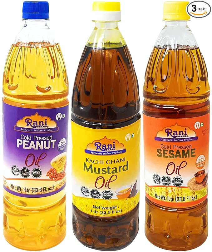 Rani Premium Oils Combo Set of 3 - Peanut Oil, Mustard Oil, Sesame Oil 33.8 Ounce (1 Liter) ~ Cold