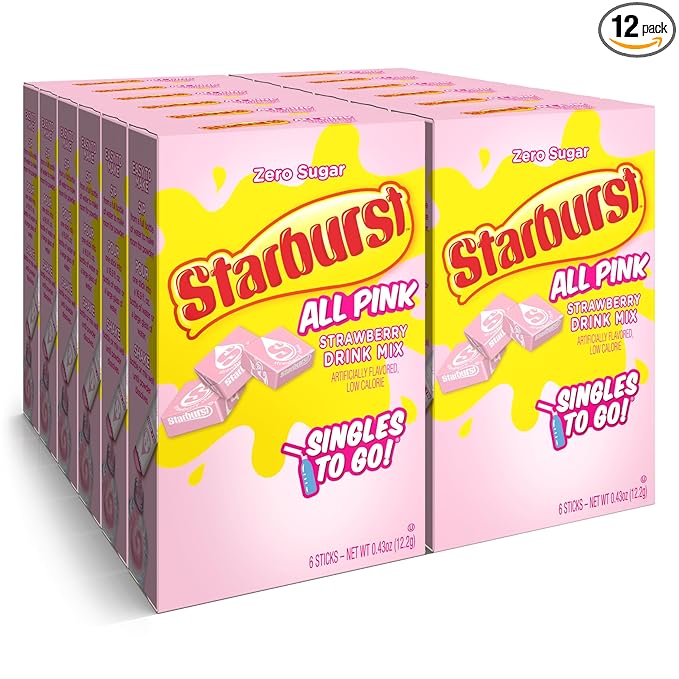 Starburst Singles To Go Powdered Drink Mix, All Pink Strawberry, 12 Boxes with 6 Packets Each - 72