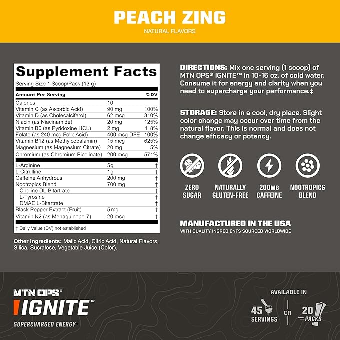 MTN OPS Ignite Energy Drink Powder, Gluten Free Nootropic Supplement Drink Mix, L Arginine, L