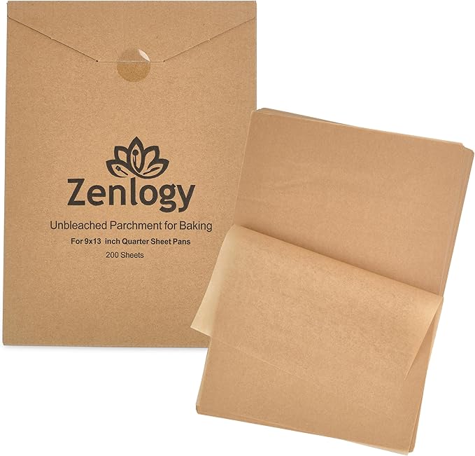 Zenlogy 9x13 Parchment Paper (200 sheets) - Unbleached, High Heat, Non-stick, Pre-cut Baking Paper