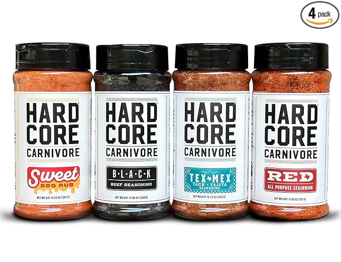 Hardcore Carnivore Core Pack (4 Rub Set) Black Beef, Red All-Purpose, Tex Mex, Sweet BBQ Seasonings