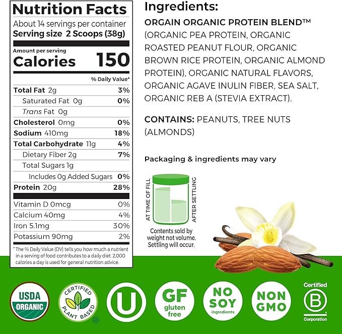 Orgain X Justin's ì§?Organic Vegan Nut Butter Protein Powder, Vanilla Almond Butter- 20g Plant