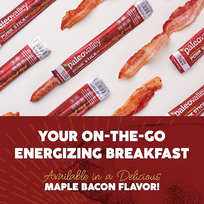 Paleovalley Pasture-Raised Pork Sticks - Maple Bacon Flavor Meat Sticks Individually Wrapped, 28g