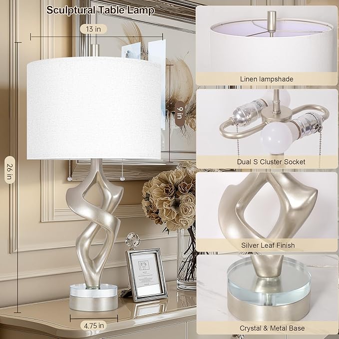 Scenekoy Sculptural Resin Table Lamp Set of 2 with USB Ports for Bedroom Living Room, 26” Antique
