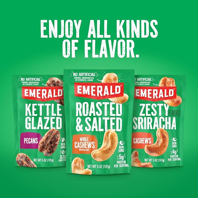 Emerald Nuts Salt and Pepper Seasoned Cashews 7ct (1-Pack), 100-Calorie Individual Packs, Kosher