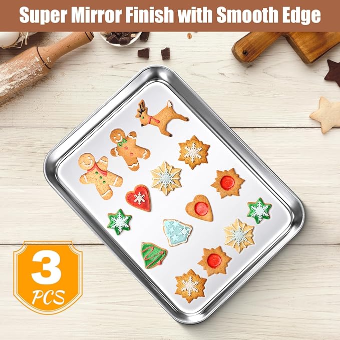 3 Pcs Baking Sheet Pan Set 9 x 6.7 x 1 Inches Cookie Sheet Small Toaster Oven Stainless Steel Tray
