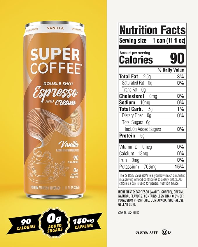 SUPER COFFEE Espresso, Iced Keto Coffee (0g Added Sugar, 90 Calories) [Vanilla] 11 Fl Oz, 12 Pack |