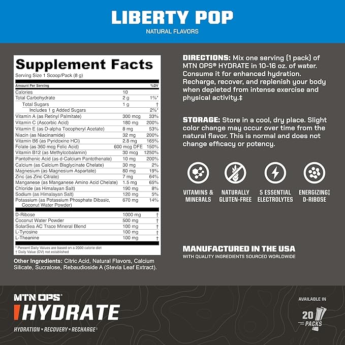 MTN OPS Hydrate Electrolytes Powder Drink Mix, 20 Single Serving On-The-Go Electrolyte Packs with