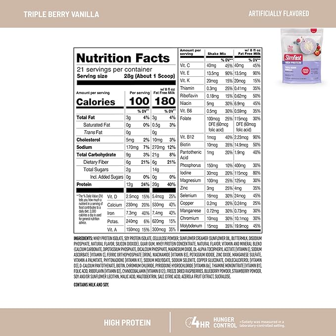 SlimFast High Protein Fruit Powder, Triple Berry Vanilla, Protein Powder Meal Replacement, 21