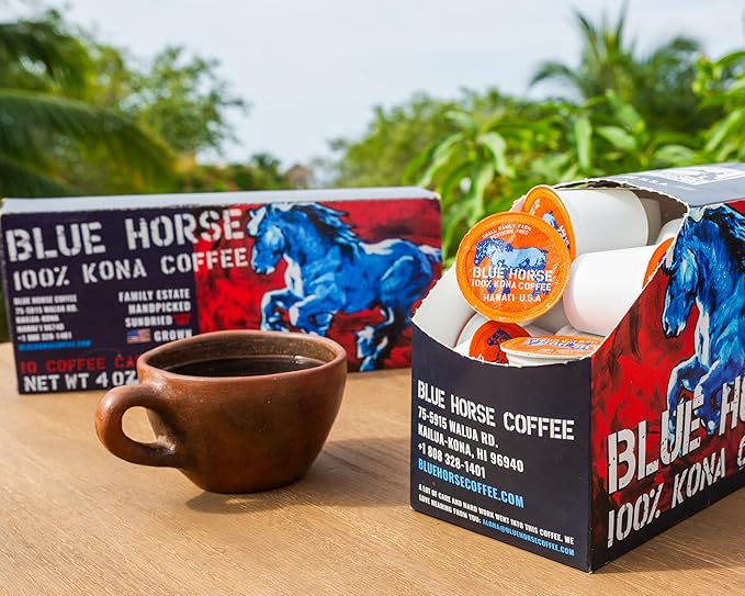 Blue Horse 100% Kona Coffee Pods, Medium Roast, 20ct Single Serve, Compatible with K Cups 2.0, Farm