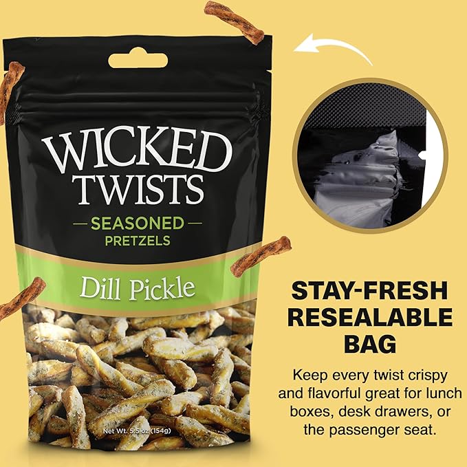 Wicked Twists Dill Pickle Seasoned Pretzels Twists 5.5 oz (1 Pack) Snack Pretzel Sticks Rods, Bold