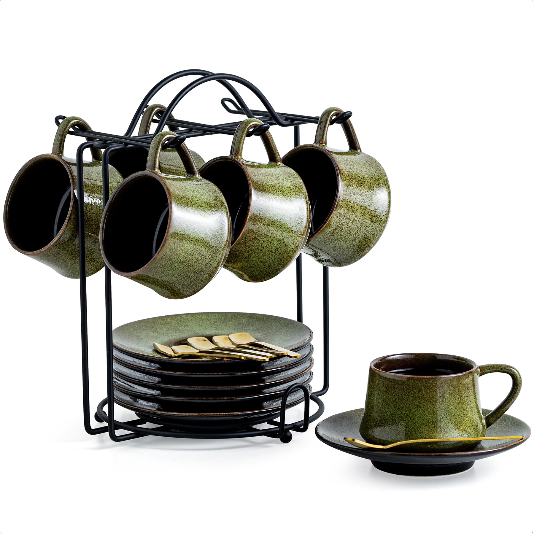 YHOSSEUN Ceramic Espresso Cups & Saucers, 4 oz, Set of 6, Green