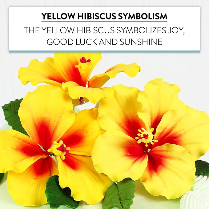 Global Sugar Art Hibiscus Sugar Cake Flowers, Yellow with Red, 3 Count with Leaves by Chef Alan