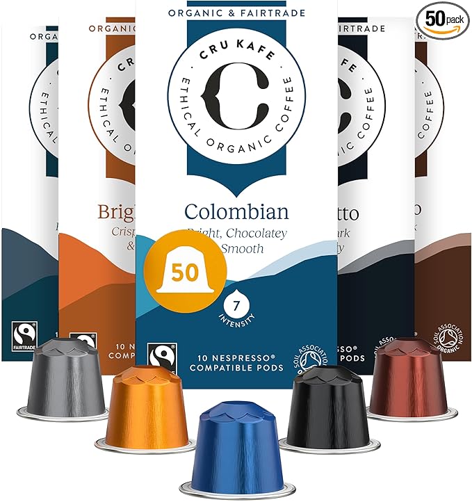 CRU Kafe Discovery Set Organic Coffee Pod, 50 Pods (5 Packs of 10 Coffee Capsules) Compatible with