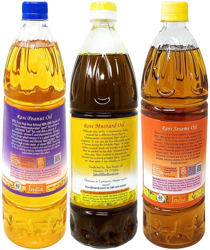 Rani Premium Oils Combo Set of 3 - Peanut Oil, Mustard Oil, Sesame Oil 33.8 Ounce (1 Liter) ~ Cold