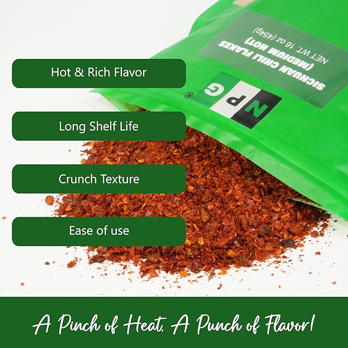 NPG Authentic Sichuan Chili Flakes 16 Ounces, Medium Hot, Szechuan Crushed Red Pepper Flakes Bulk