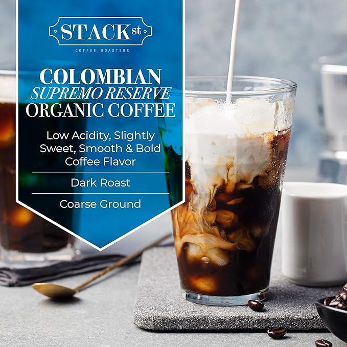 Organic Cold Brew Coffee Coarse Ground 1 LB - Colombian Supremo Reserve Flavor Dark Roast Coarse