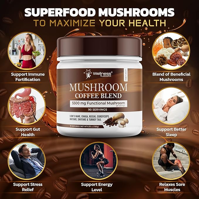 Mushroom Coffee, 90 Servings Organic Mushrooms Instant Coffea, Great Tasting Colombian Keto Coffee