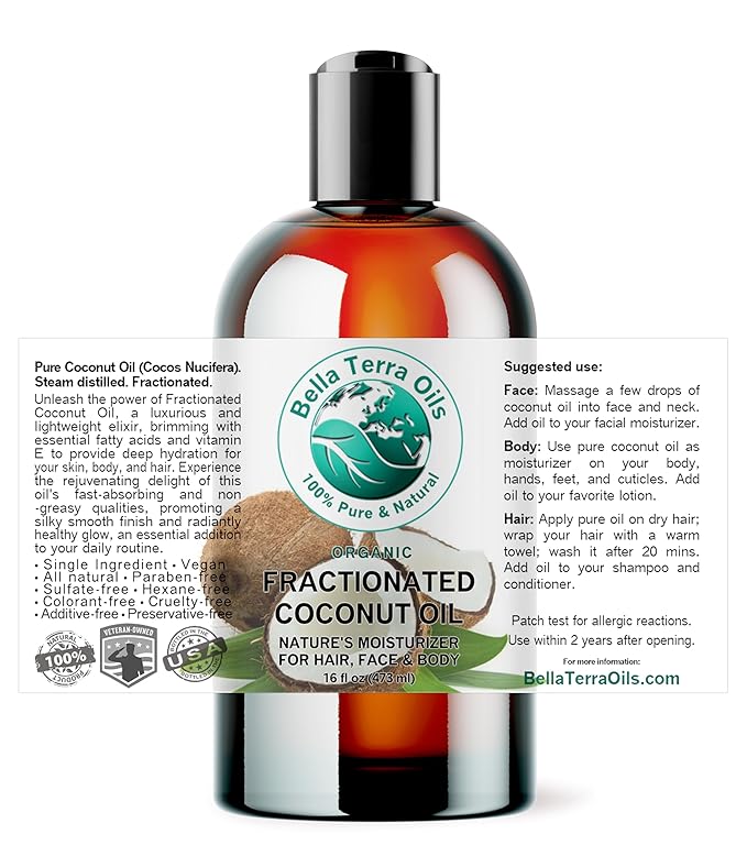 Bella Terra Oils - Liquid Organic Fractionated Coconut Oil 16oz - The Ideal Mix of MCTs & Fatty