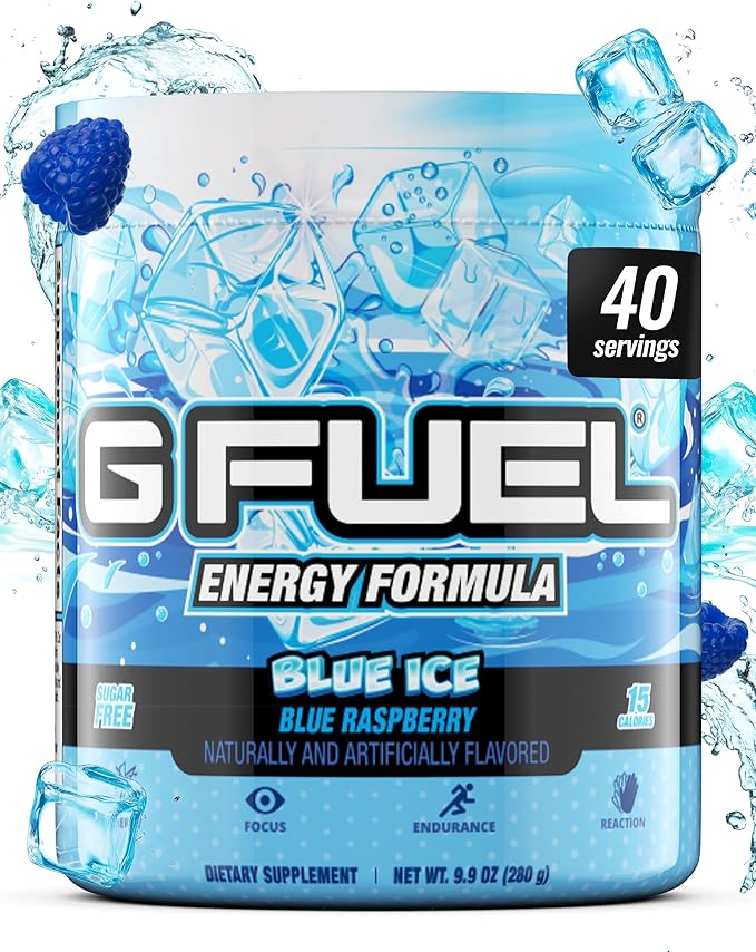 G Fuel Blue Ice Energy Drink Powder, Pre Workout Caffeine Mix for Gaming, Sugar Free Focus Amino