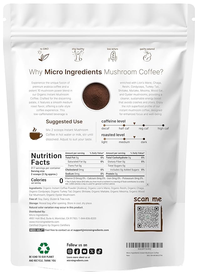 Organic Instant 10 in 1 Mushroom Coffee Powder, 28 Ounce (317 Servings) | Weight & Immune Support |
