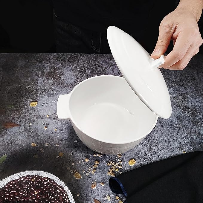 Casserole Dish 1.32 Quart French White Ceramic Bakeware Set with Lids, Chip and Crack Resistant