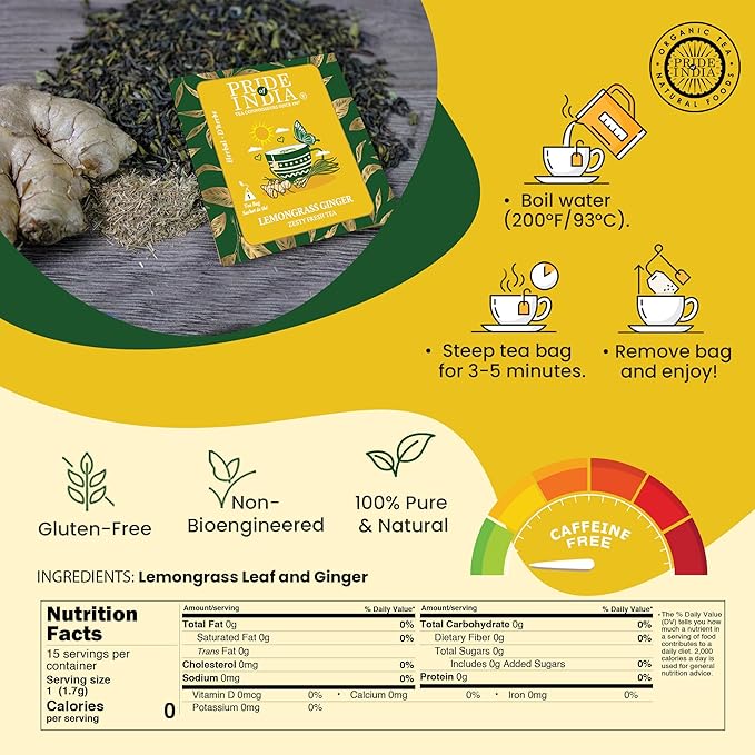 Pride of India | Lemongrass Ginger Zesty Fresh Tea | 15 Pyramid Full Leaf Individually Wrapped Tea