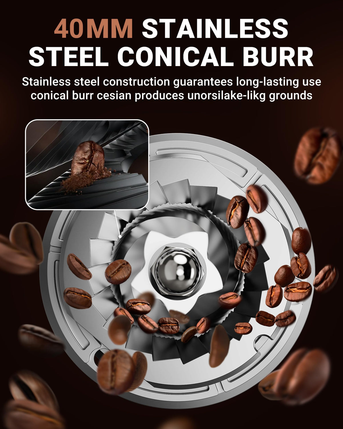 AMZCHEF Burr Coffee Grinder, 48 Settings, Less Static Mess, Metallic Silver