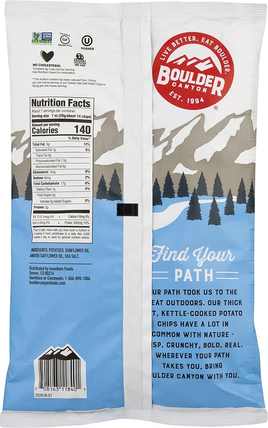 Boulder Canyon Kettle Cooked Potato Chips, Non-GMO Verified, Gluten Free, 60% Less Sodium, 6.5